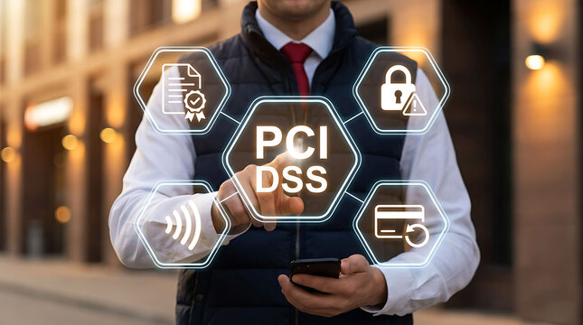 Businessman touching virtual PCI DSS data security compliance screen concept