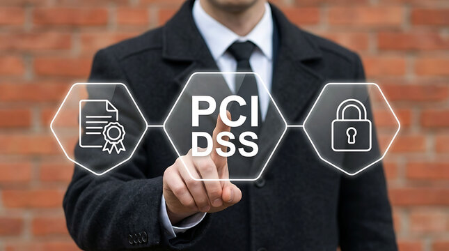 Businessman pointing at PCI DSS data security compliance digital interface