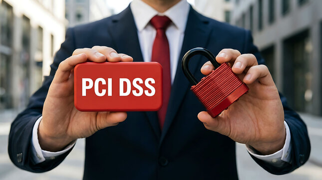 Businessman holding red PCI DSS block and padlock for data security