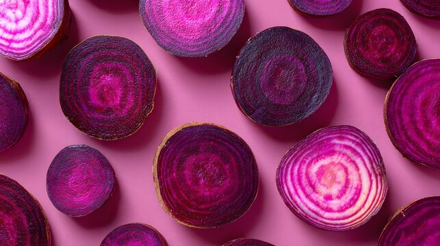 Vibrant Beetroot Slices on Pink Background.
