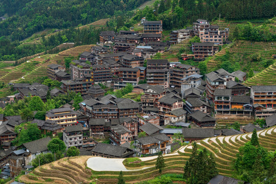Rice Terraces and Ping'an Village from the Nine Dragons and Five Tigers Viewing Point at the Longji Rice Terraces Scenic Area, Longsheng County, Guilin, Guangxi Zhuang Autonomous Region, China