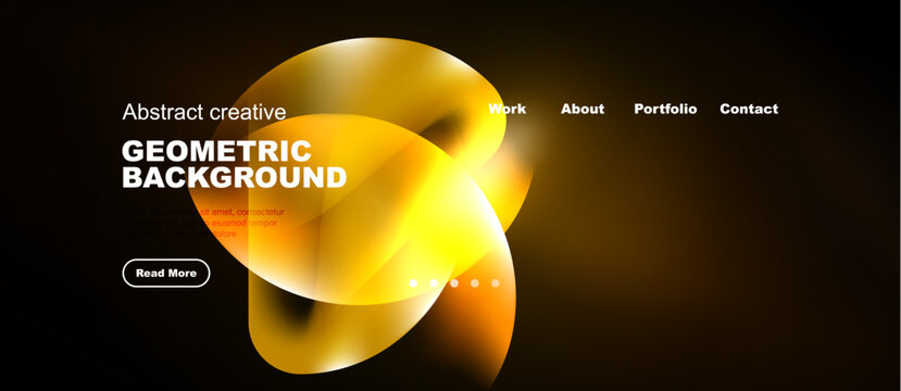 Dark background features vibrant orange geometric shapes. Website navigation includes work, about, portfolio, contact options. Read more button visible.