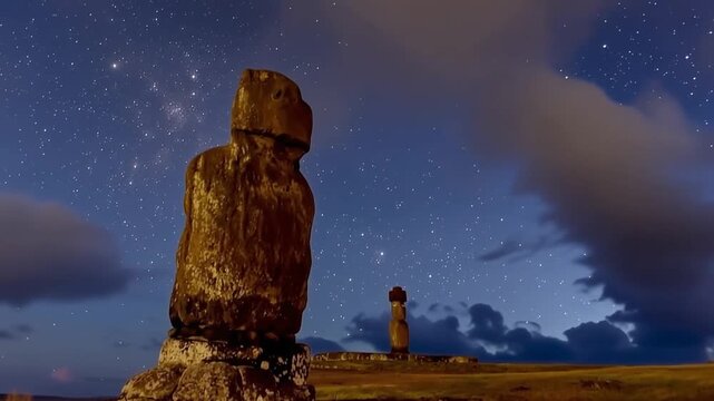 Easter Island, Moais Tahai Archaeological Complex, Rapa Nui National Park, Chile. Night video.