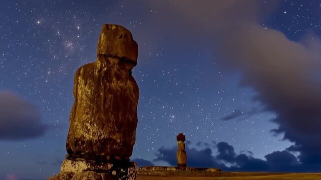 Easter Island, Moais Tahai Archaeological Complex, Rapa Nui National Park, Chile. Night video.
