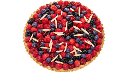 Fresh berry tart with raspberries blueberries blackberries and almonds, isolated on transparent background © LUXSTORY
