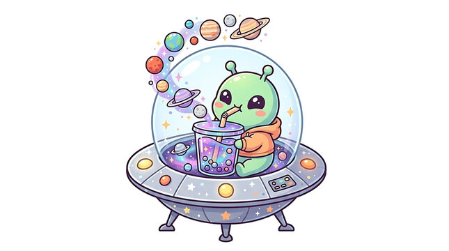 Cute alien drinking a galaxy bubble tea inside a ufo