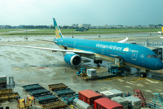 Airplane from Vietnam Airline parks at  Tan Son Nhat International Airport in Ho Chi Minh City, Vietnam