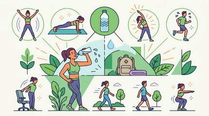 Fototapeta premium Healthy Lifestyle and Fitness Infographic Illustration with People Exercising and Hydrating.