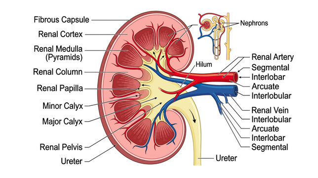 Human Kidney Anatomy Diagram: Cross-Section with Labels