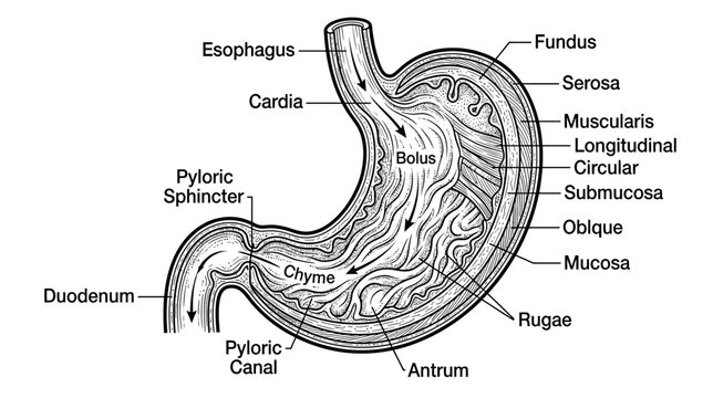 Human Stomach Anatomy Diagram: Esophagus, Duodenum, Layers, and Digestion