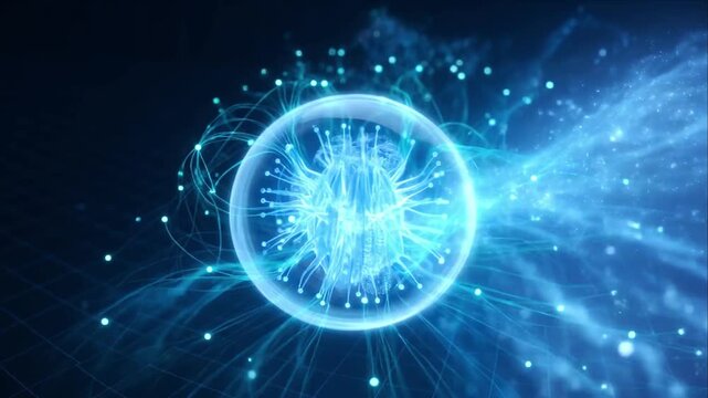 Abstract AI technology sphere with glowing blue data network and energy lines, futuristic digital concept with abstract data flow in dark space, optimized for search and SEO support