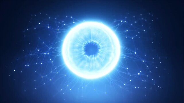 Blue glowing eye with digital network and futuristic ai technology concept dark background, glowing blue ai technology sphere dark space with star field and energy core, glowing blue sphere dark