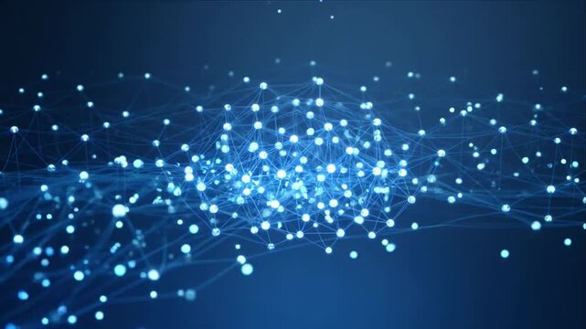 AI technology digital network data connection abstract blue node line cloud system futuristic graph model with glowing node and data connection dark blue background, artificial intelligence