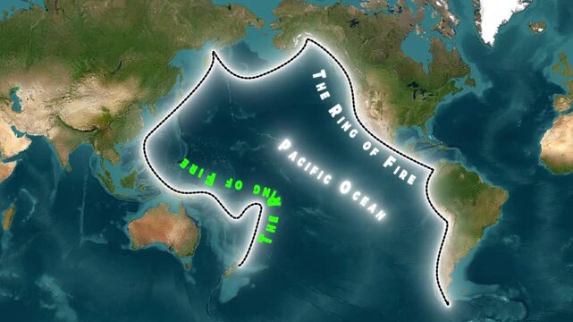 Animated world map highlighting the Pacific Ring of Fire