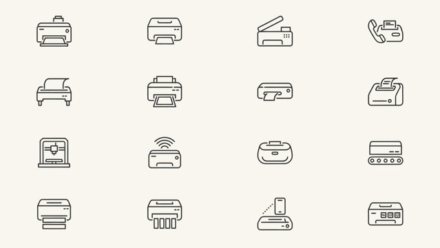 Line style office equipment icons including printers scanners and telephones on a neutral background printer icon scanner telephone workplace technology