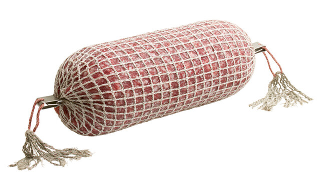 Whole salami sausage in netting with twine ties, isolated on transparent background