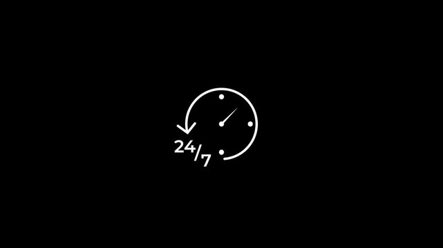 24/7 customer support service availability clock icon with rotating arrow ui animation on transparent background.