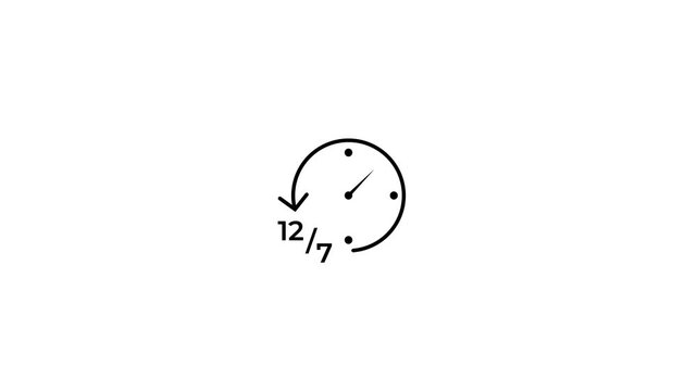 12/7 customer support service availability clock icon with rotating arrow ui animation on white background.