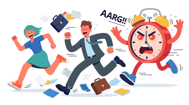 Stressed business people running away in panic from giant angry alarm clock representing deadline pressure