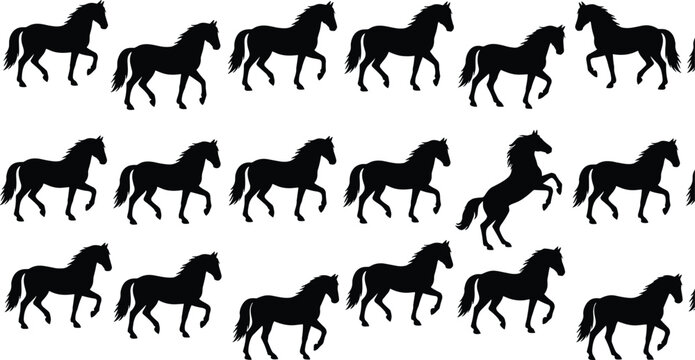 Herd of horses silhouette set with wild stallions walking running trotting and rearing up vector illustration collection