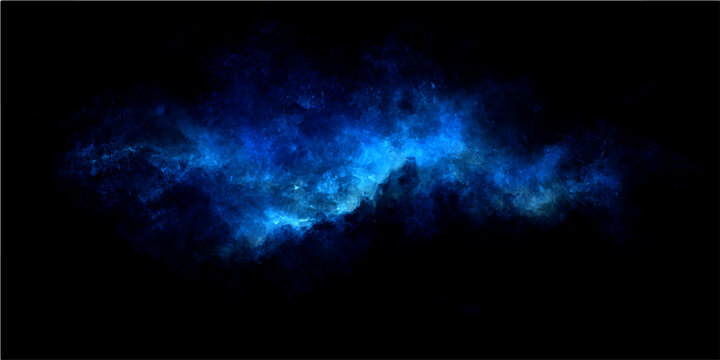 Abstract blue nebula gas cloud in deep space with star dust and cosmic energy and a dark black background.
