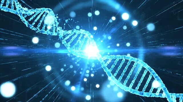 Blue digital DNA strand with light glow effects.