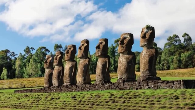 Seven Ahu Akivi Moai, which are the only Moai to face the sea. Easter Island.
