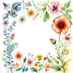 Fototapeta premium Soft focus square frame filled with watercolor illustrations of various medical plants, organic, peaceful