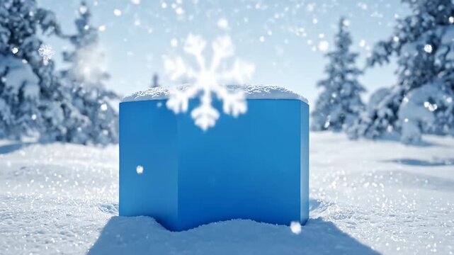 Blue hexagonal pedestal in snowy winter pine forest.