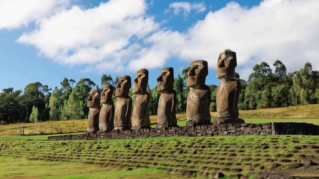 Seven Ahu Akivi Moai, which are the only Moai to face the sea. Easter Island.