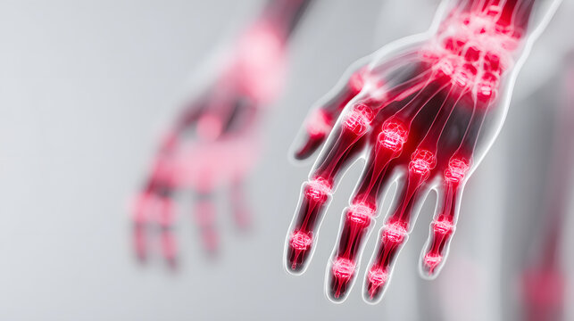 Hand with highlighted joint pain mapping in subtle red gradient showing inflammation across wrist and finger joints, medical visualization of arthritis and musculoskeletal discomfort