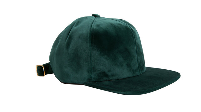 Deep green velvet baseball cap with gold buckle, isolated on transparent background