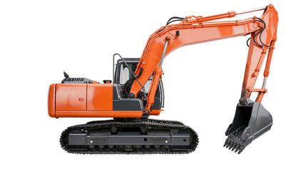 Heavy-duty orange excavator with articulated arm and bucket, isolated on transparent background © LUXSTORY