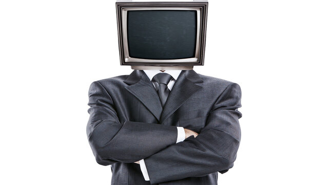 Man with vintage television head wearing a dark suit arms crossed, isolated on transparent background