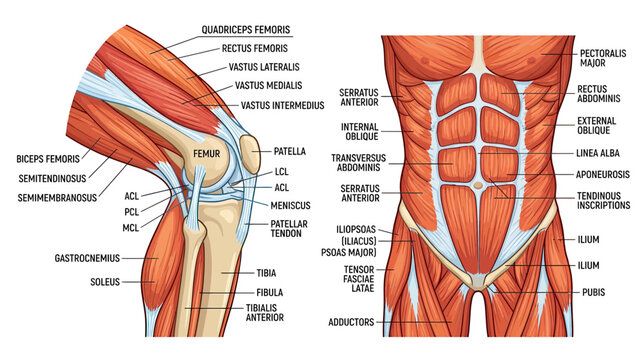 Anatomical Illustration of Human Leg and Abdominal Muscles