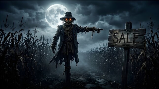 Spooky scarecrow with glowing eyes in a dark cornfield under a full moon pointing at a wooden sign that says sale