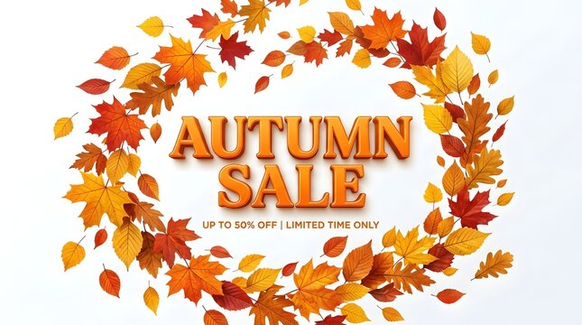 Autumn sale promotional banner with colorful leaves isolated on white background
