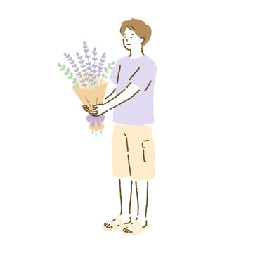 ラベンダーの花束を差し出す男性　シンプルな人物の全身イラスト