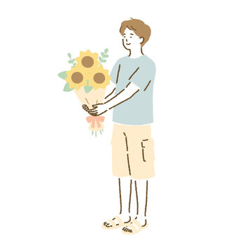 ひまわりの花束を差し出す男性　シンプルな人物の全身イラスト
