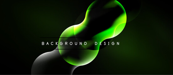 Naklejka premium Abstract green shapes overlap dark background. Modern design features flowing lines, gradients, text elements. Minimalist aesthetic.