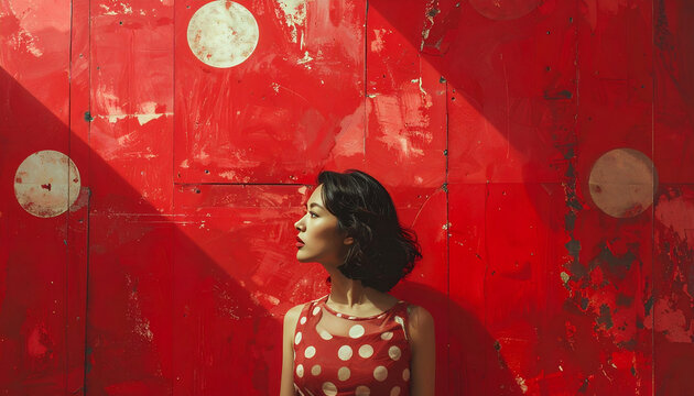 Elegant woman in polka dot dress posing against vibrant red wall with circular patterns in dynamic sunlight creating artistic portrait