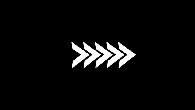 Row of four white chevron arrows pointing to the right on a black background direction forward
