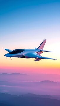 Private Jet Flying Above Sunset Mountains.