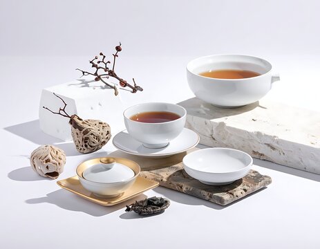 Tea cups on a white table.