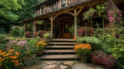 Fototapeta premium Charming Rustic House Surrounded by Lush Greenery and Vibrant Flowerbeds in a Peaceful Forest Setting with Inviting Front Steps and Warm Atmosphere