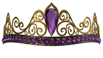 Ornate golden tiara with large purple gemstone and small purple gems, isolated on transparent background © LUXSTORY