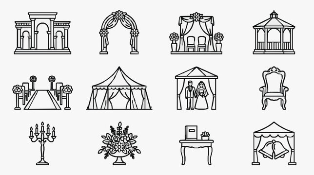 Elegant Black and White Line Art Illustrations of Wedding Venues Decorations and Symbols for Event Planning