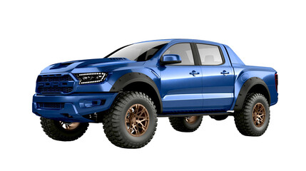 Blue Ford Ranger Raptor pickup truck with aggressive off-road tires, isolated on transparent background © LUXSTORY