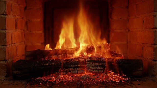 Fireplace fire burning in brick hearth with glowing log ember flame warm glow cozy interior winter heat comfort and warm brick hearth for SEO searchability
