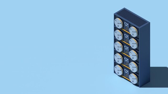 3D server rack animation. Isometric server. Server network equipment. Computer network technology. Isometric technology. 4K video animated in isometric style